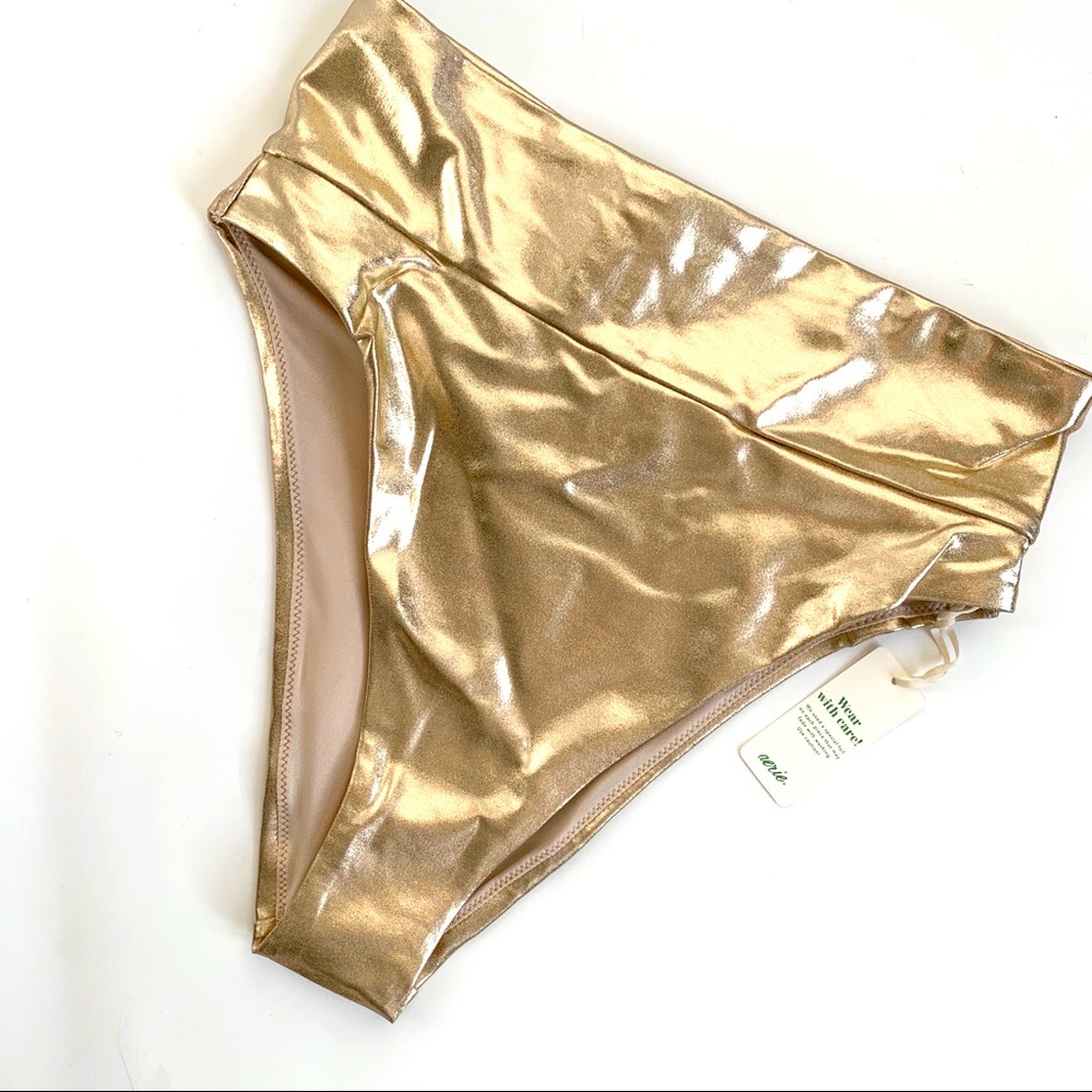 AERIE HIGH WAIST HIGH CUT CHEEKY SWIM BIKINI GOLD